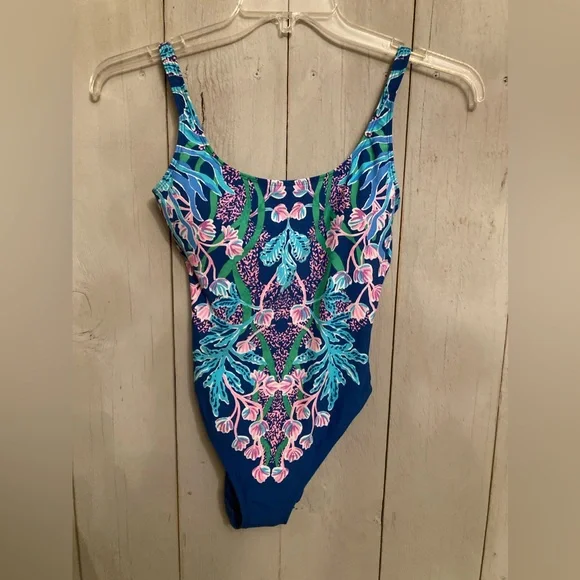 Lilly Pulitzer Brin Floral OnePiece Swimsuit, Barton Blue Seacret Escape S-2 New - Picture 3 of 5